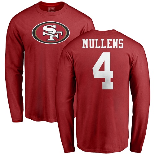 Men San Francisco 49ers Red Nick Mullens Name and Number Logo #4 Long Sleeve NFL T Shirt